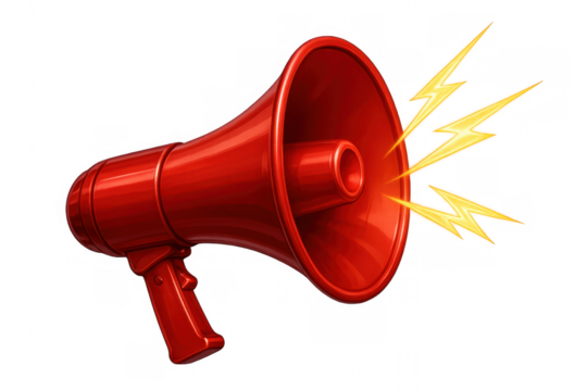 Red megaphone broadcasting important message, making loud announcement, or giving urgent alert communicating news