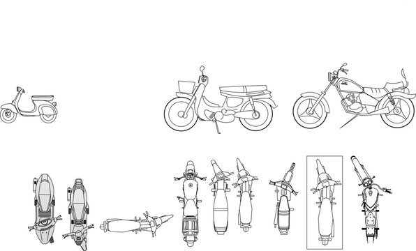 Vector line drawing set of motorcycles, scooters, and mopeds showing side view and top view for technical and architectural plans.