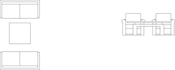Vector set of sofa and table symbols showing top view (plan) and elevation for architectural and interior design layouts.