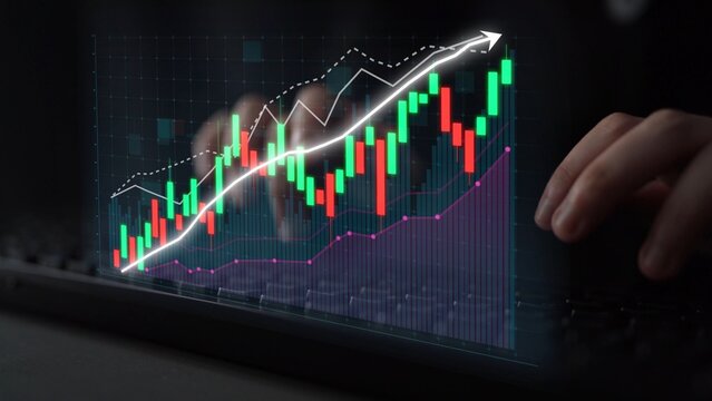 A close-up image showing hands typing on a keyboard with a vibrant stock market chart overlay, illustrating growth and trends in financial analysis and trading. Copula - Powered by Adobe