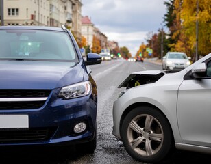 Two cars in a crash, damage in the middle of the road, city background, road accident concept. Serious damage.