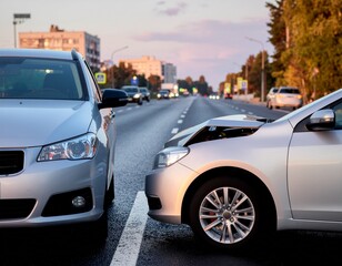 Two cars in a crash, damage in the middle of the road, city background, road accident concept. Serious damage.