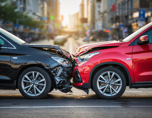 Two cars in a crash, damage in the middle of the road, city background, road accident concept. Serious damage.