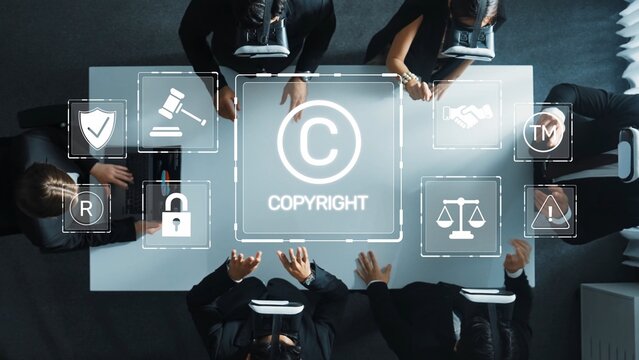 A dynamic business meeting that emphasizes copyright laws and intellectual property, showcasing diverse professionals collaborating on legal matters with advanced technology. Raster