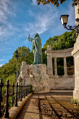 Budapest, Hungary - July 27, 2025: Statue of Saint Gell&eacute;rt by Alajos Str&oacute;bl, installed in 1904, located on Gell&eacute;rt Hill overlooking the city
