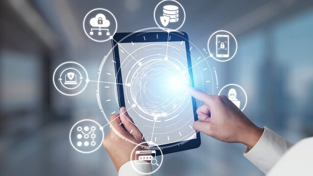 Data privacy and cyber security icons show encryption, data privacy safeguards, and cyber security defense. Data privacy ensures cyber security protection and access control. Gist - Powered by Adobe