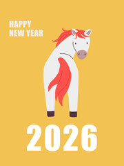 Happy new year 2026 card with a cute horse on yellow background vector illustration. Chinese zodiac celebration