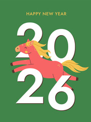 Chinese New Year of the horse 2026 greeting card on green background. Winter holiday vector illustration.