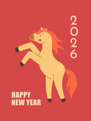 Chinese New Year of the horse 2026 greeting card on red background. Winter holiday postcard vector illustration.