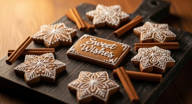 Sweet Wishes: A close-up shot presents an inviting display of freshly baked gingerbread cookies arranged on a wooden board. The scene emanates warmth and the essence of festive joy.