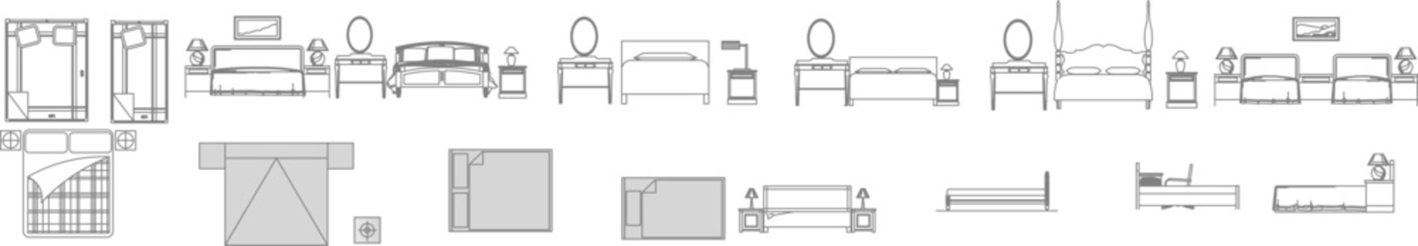 Vector set of bed and nightstand symbols showing top view and elevation for interior design layouts and architectural drawings.