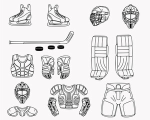 Ice hockey Hockey emblems, hockey helmets and retro goalkeeper mask, flying hockey puck, vector. vector hockey helmet and puck