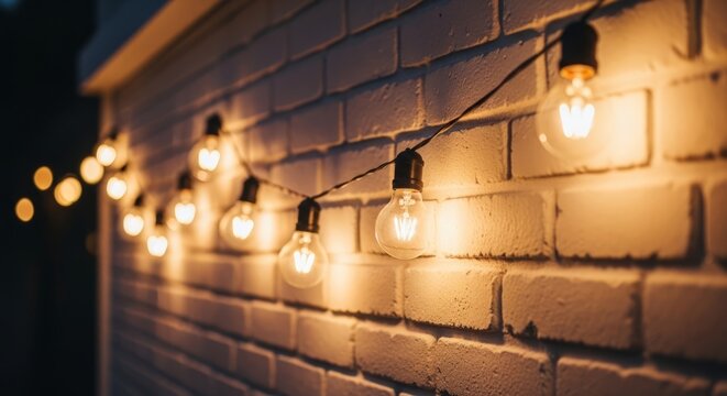 Decorative string lights glowing against a white brick wall   - Powered by Adobe