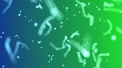 Abstract microscopic view of glowing bacteria and microorganisms moving in a fluid representing biological processes scientific research and medical advancements in a vibrant green and blue gradient .