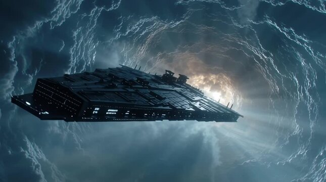 A colossal sci-fi spaceship slowly emerging from a swirling interdimensional portal, glowing with cosmic energy as it enters a dark, mysterious void.
