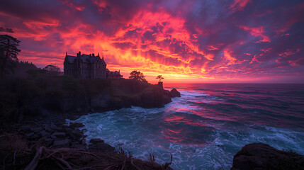 Fototapeta premium Dramatic sunset over a coastal castle with fiery red and purple clouds and turbulent ocean waves