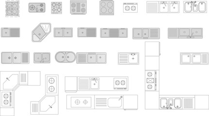 Vector set of kitchen elements top view: various cooktops (stoves) and sinks for architectural floor plans and interior layouts. © Riki