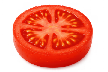 Fresh red tomato slice with water drops, juicy vegetable displaying healthy cooking ingredient and transparent background