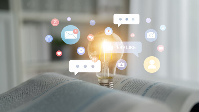 Multiple social media icons, likes, messages, and notifications representing online interaction, engagement, and digital communication Parse - Powered by Adobe