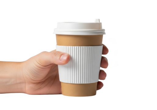 Hand holding coffee cup isolated on transparent background