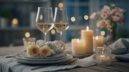 Fototapeta premium Enchanting Candlelit Dinner for Two: Exquisite Table Setting with Two Wine Glasses, Soft Cream Roses, Stacked Dinnerware, and Warm Bokeh Glow for a Perfect Romantic Evening Celebration