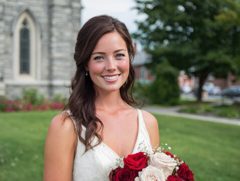 smiling bride portrait holding vibrant bouquet of red and ivory roses, standing on grassy lawn with historic stone church and green trees in the background. Captures joy and elegance of a wedding day - Powered by Adobe