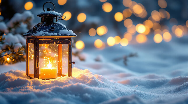 Old Lantern Glowing in Winter Snowfall