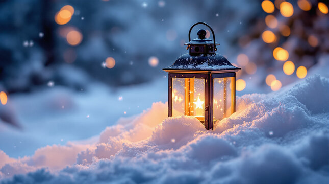 Vintage Lantern in Snowy Landscape with Snowflakes