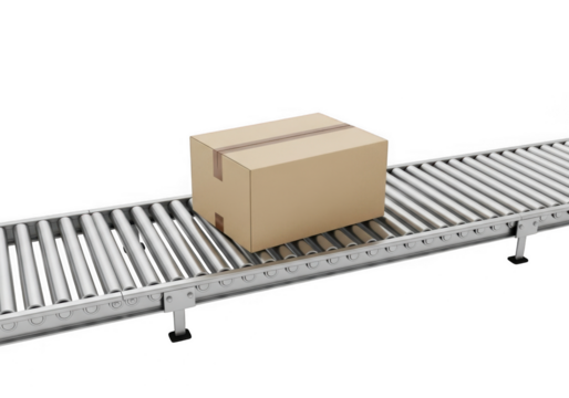 Cardboard box on roller conveyor isolated on transparent background
