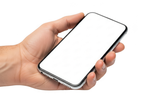 Hand holding smartphone isolated on transparent background