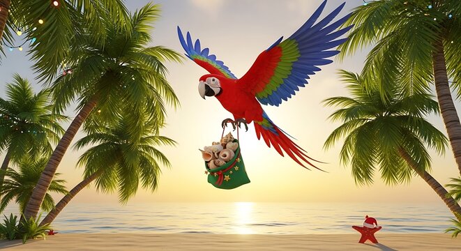 Colorful parrot carries treasure bag over tropical beach scene with palm trees