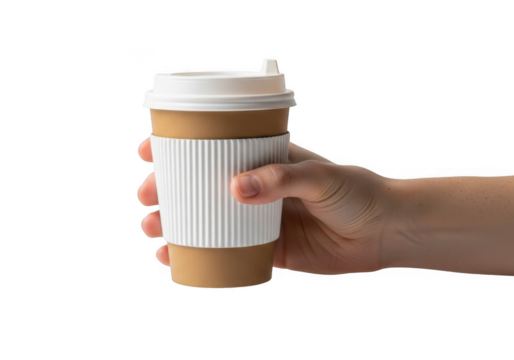 Hand holding coffee cup isolated on transparent background