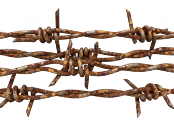 Rusty barbed wire fence isolated on transparent background