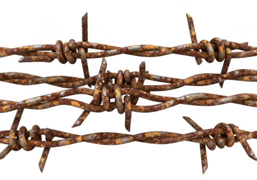 Rusty barbed wire fence isolated on transparent background