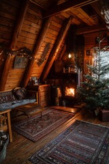 Naklejka premium Cozy wooden cabin interior with fire in the stove, Christmas tree and large window to forest. Serene retreat in winter nature with warmth and calm.