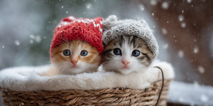 Two adorable kittens in gray and red knitted pom-pom hats sitting in wicker basket with snow falling outside window. Cute winter pet portrait, cozy festive holiday vibe full of innocence and warmth. - Powered by Adobe