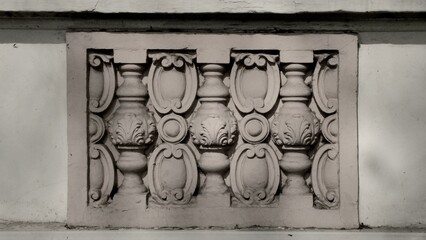 A black and white, close-up view of an aged and weathered stone balustrade panel featuring detailed classical, ornate carvings and rosette motifs, set within a building facade