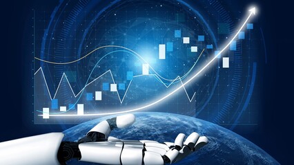 A futuristic robotic hand extends towards financial graphs and data analytics, symbolizing the impact of artificial intelligence on modern economic trends and decisions. Copula