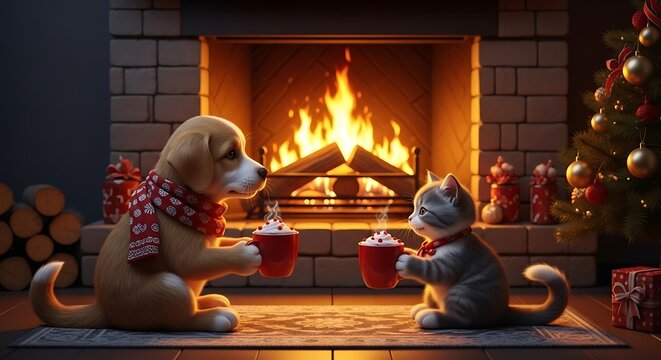 Cozy christmas fireplace scene with adorable dog and cat enjoying warm drinks together