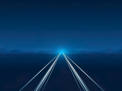 Abstract motion light trails converging toward bright vanishing point on dark blue highway at night. Speed, progress, future vision concept for business innovation, digital transformation, success. - Powered by Adobe