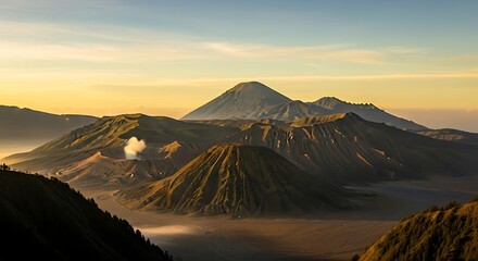 Mount Bromo and surrounding volcanoes rise above a misty landscape at sunrise, with visible volcanic activity.