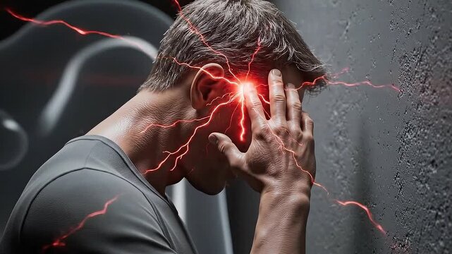 Man Experiencing Head Pain Red Energy Lines Visualizing Headache Concept Background - Powered by Adobe