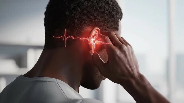 Man Touching Ear Visualizing Ear Pain Diagnostic Illustration on Bright Background