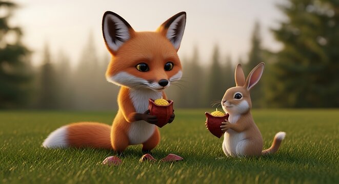 Cute cartoon fox and rabbit sharing food in a sunny meadow with trees