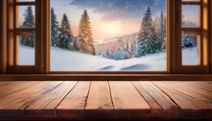 Empty Wooden Table With Copy Space For Product Placement In Cozy Alpine Kitchen Interior And Window Overlooking Snowy Trees And Winter Landscape Seasonal Advertising Home Comfort Winter Holidays