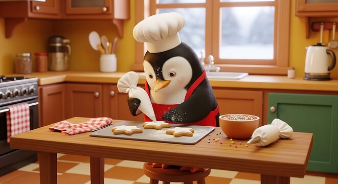 Whimsical mouse chef decorating cookies in a cozy kitchen scene