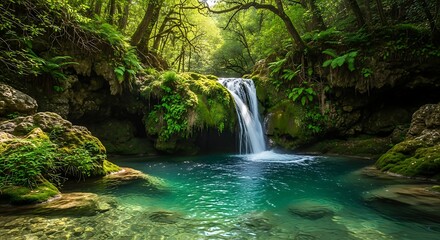Naklejka premium Enchanting Waterfall Oasis - A Serene Escape into Natures Embrace.