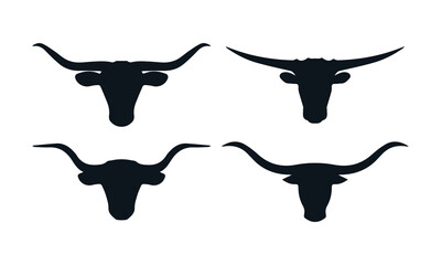 Collection of four distinct bull and longhorn head silhouettes. Versatile design assets for ranch, sport, or animal branding projects.