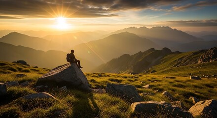 A lone hiker sits atop a large rock, silhouetted against a vibrant sunset over a vast mountain range, enjoying the scenic view.