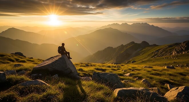 A lone hiker sits atop a large rock, silhouetted against a vibrant sunset over a vast mountain range, enjoying the scenic view. - Powered by Adobe